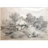 Image 1 : Framed pencil sketch people beside a cotage and trees, Evelyn 1854, 36cm x 25cm…