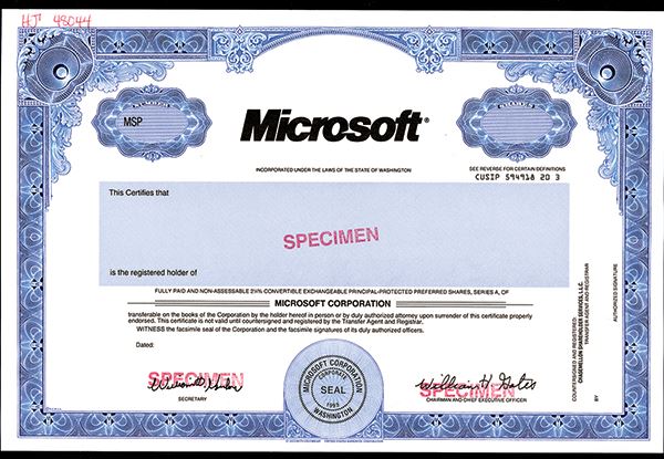 Microsoft Corp Specimen Stock Certificate With Facsimile Signature Of Bill Gates