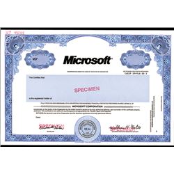 Microsoft Corp Specimen Stock Certificate With Facsimile