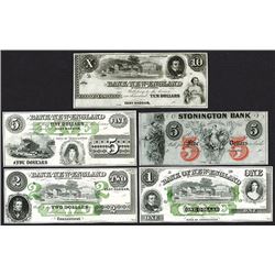 Bank of New England. 1, 2, 5, 10 Dollars; Stonington Bank. 5 Dollars. 18xx.