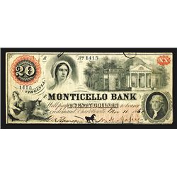 Monticello Bank. 20 Dollars. 1860.