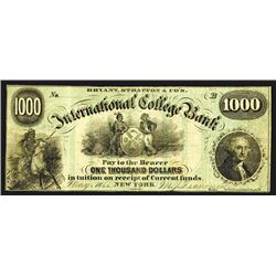 Bryant, Stratton & Co.'s International College Bank. 1000 Dollars. 1866.