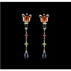 12.96ctw Multi Gemstone and Diamond Earrings - 18KT Yellow Gold