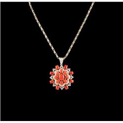 14KT Yellow Gold 19.87ctw Red Coral & Diamond Pendant with Chain