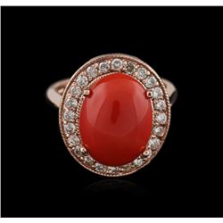 14KT Rose Gold 5.36ct Coral and Diamond Ring