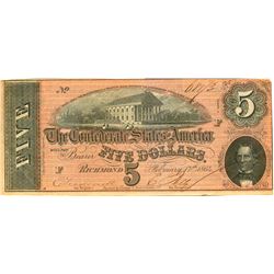 1864 $5 Confederate States Civil War Note