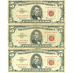 1963 $5 Red Seal Bill Lot of 3