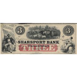 1800's $3 The Searsport Bank Maine Obsolete Currency Note