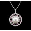Image 2 : Pearl, Pink Sapphire and Diamond Pendant With Chain - 14KT White Gold