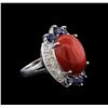 Image 2 : 14KT White Gold 12.90ct Coral, Sapphire and Diamond Ring
