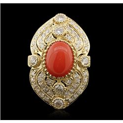 14KT Yellow Gold 4.40ct Coral and Diamond Ring