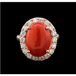 4.80ct Red Coral and Diamond Ring - 14KT Rose Gold