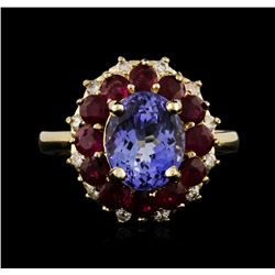 14KT Yellow Gold 2.75ct Tanzanite, Ruby and Diamond Ring