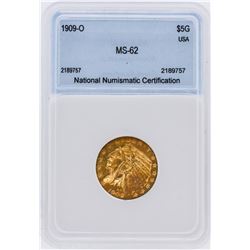 1909-O NNC Graded MS62 $5 Indian Head Half Eagle Gold Coin