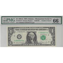 Series 1981A PMG Graded 66 Gem Unc. $1 Atlanta FRN 98/99 Mismatched Serial # Err