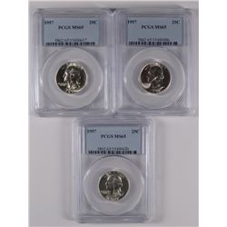 ( 3 ) 1957 WASHINGTON QUARTERS, PCGS MS-65