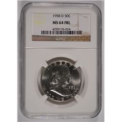 1958-D FRANKLIN HALF DOLLAR, NGC MS-64 FBL