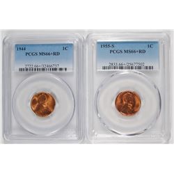 1944 & 1955-S LINCOLN CENTS, PCGS MS-66+ RED