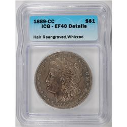 1889-CC MORGAN SILVER DOLLAR, ICG EF-40 DETAILS whizzed, re-engraved hair