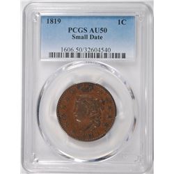 1819 LARGE CENT ( SMALL DATE ) PCGS AU-50