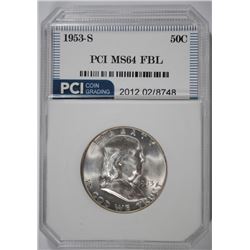 1953-S FRANKLIN HALF DOLLAR, PCI GEM BU FBL  VERY RARE