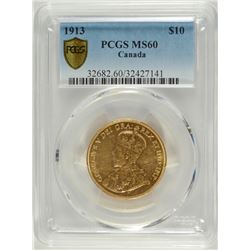 1913 CANADIAN $10.00 GOLD, PCGS MS-60 RARE!
