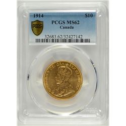 1914 CANADIAN $10.00 GOLD, PCGS MS-62 RARE!