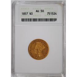 1857 $3.00 GOLD ANACS AU-50