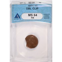 1971 LINCOLN CENT MINT ERROR ( CLIPPED ) ANACS MS-64 RB