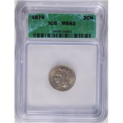1874 3 CENT NICKEL ICG MS-62
