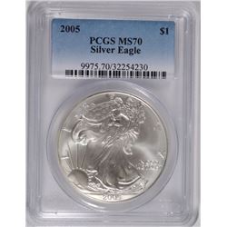 2005 AMERICAN SILVER EAGLE, PCGS MS-70 RARE LISTS IN PCGS PRICE GUIDE AT $700.00