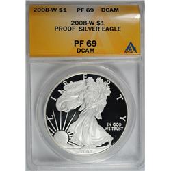 2008-W PROOF SILVER AMERICAN EAGLE ANACS PF-69 DCAM
