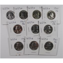 (10) 1961 PROOF WASHINGTON QUARTERS