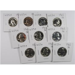 (10) 1962 PROOF WASHINGTON QUARTERS