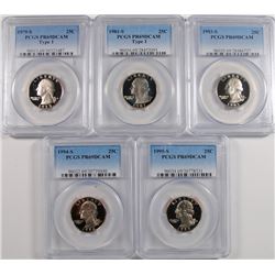 5-WASHINGTON QUARTERS ALL PCGS PR-69 DCAM 1979-S T-1, 81-S T-1, 93-S, 94-S, 95-S