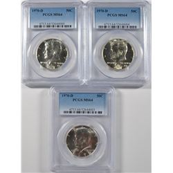( 3 ) 1970-D KENNEDY HALF DOLLARS, PCGS MS-64  KEY DATE