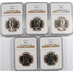 LOT OF ( 5 ) 1987-D KENNEDY HALF DOLLARS, NGC MS-66