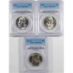 1954-D , 1955 & 1956 FRANKLIN HALF DOLLARS, PCGS MS-63 FBL