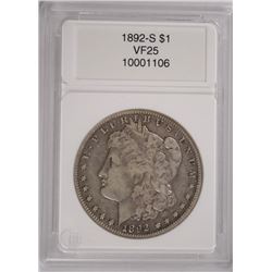 1892-S MORGAN SILVER DOLLAR, CCGS VF