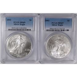 2002 & 2003 AMERICAN SILVER EAGLES, PCGS MS-69