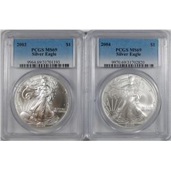 2003 & 2004 AMERICAN SILVER EAGLES, PCGS MS-69