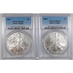2004 & 2005 AMERICAN SILVER EAGLES, PCGS MS-69