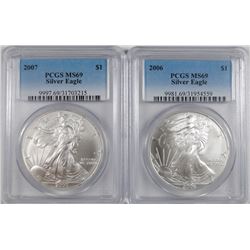 2006 AND 2007 AMERICAN SILVER EAGLES, PCGS MS-69