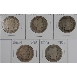 (5) 1901 BARBER HALF DOLLARS