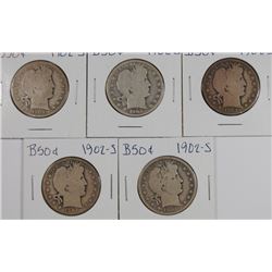 (5) 1902-S BARBER HALF DOLLARS