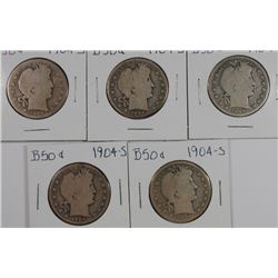 (5) 1904-S BARBER HALF DOLLARS