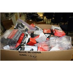 BOX FULL OF ASSORTED MOTOROLLA ACCESSORIES; VEHICLE POWER ADAPTERS, BLUTOOTH HEADSETS, ETC