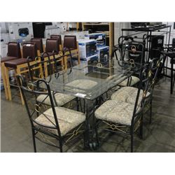 X AND O GLASS TOP 7PC TABLE SET; TABLE WITH 6 CHAIRS