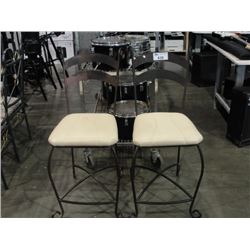 PAIR OF OFF WHITE LEATHER PADDED METAL BAR STOOLS