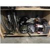 Image 1 : SHELF LOT OF ASSORTED BICYCLE PARTS, HELMETS, BIKE RIMS, ETC